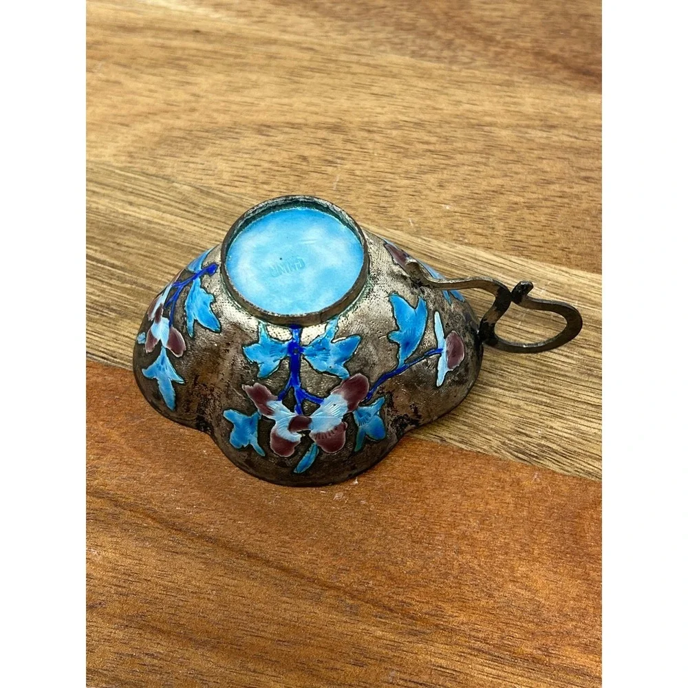 Vintage Cloisonne Teacup Saucer Blue Floral Metal‎ Trinket Dish